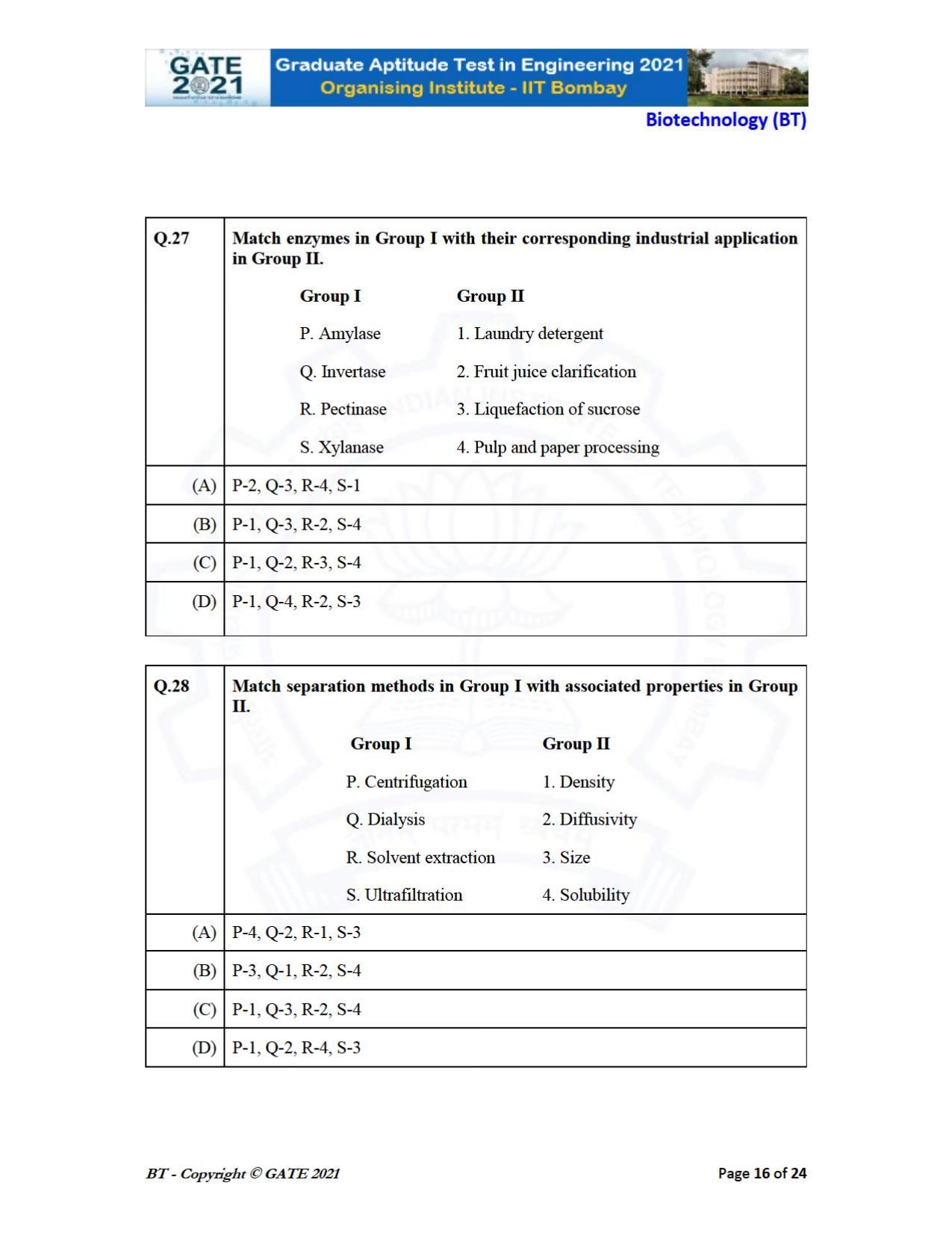 GATE 2021 Biotechnology (BT) Question Paper - Page 16