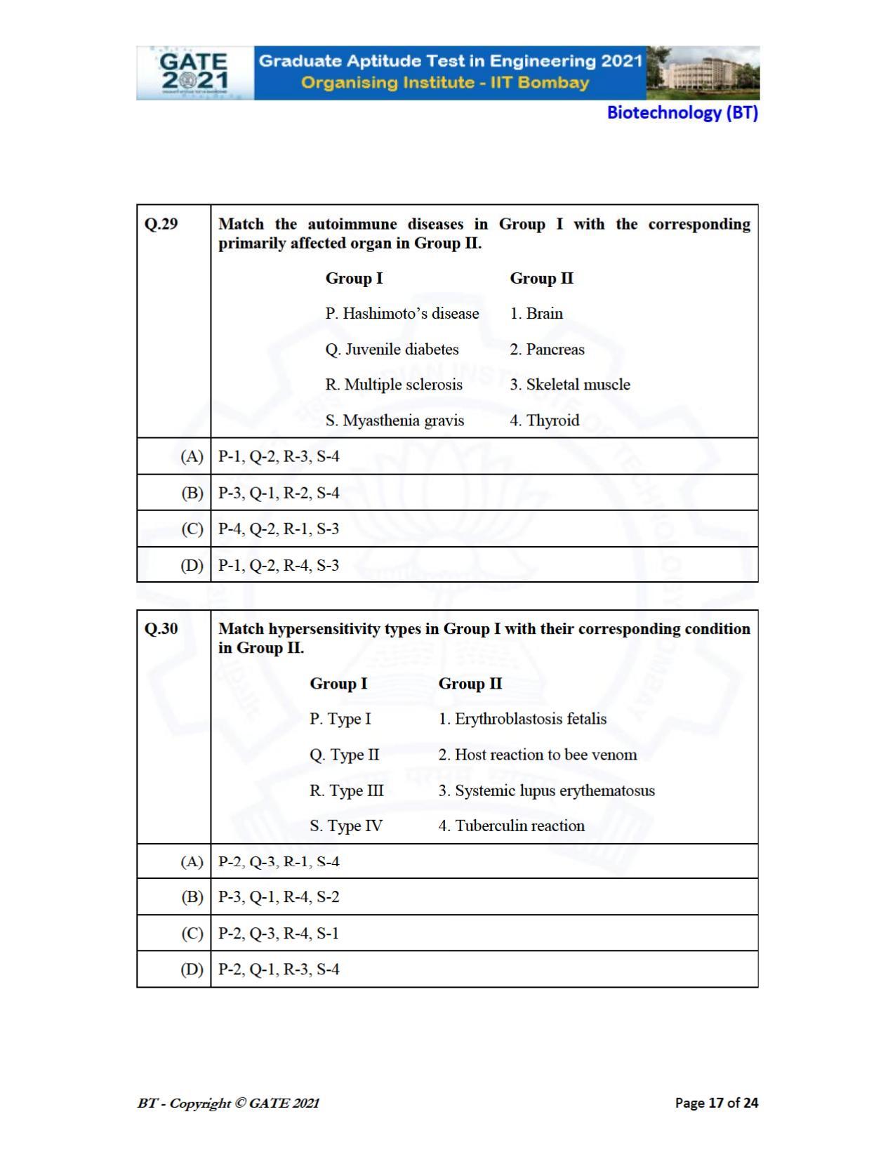 GATE 2021 Biotechnology (BT) Question Paper - Page 17