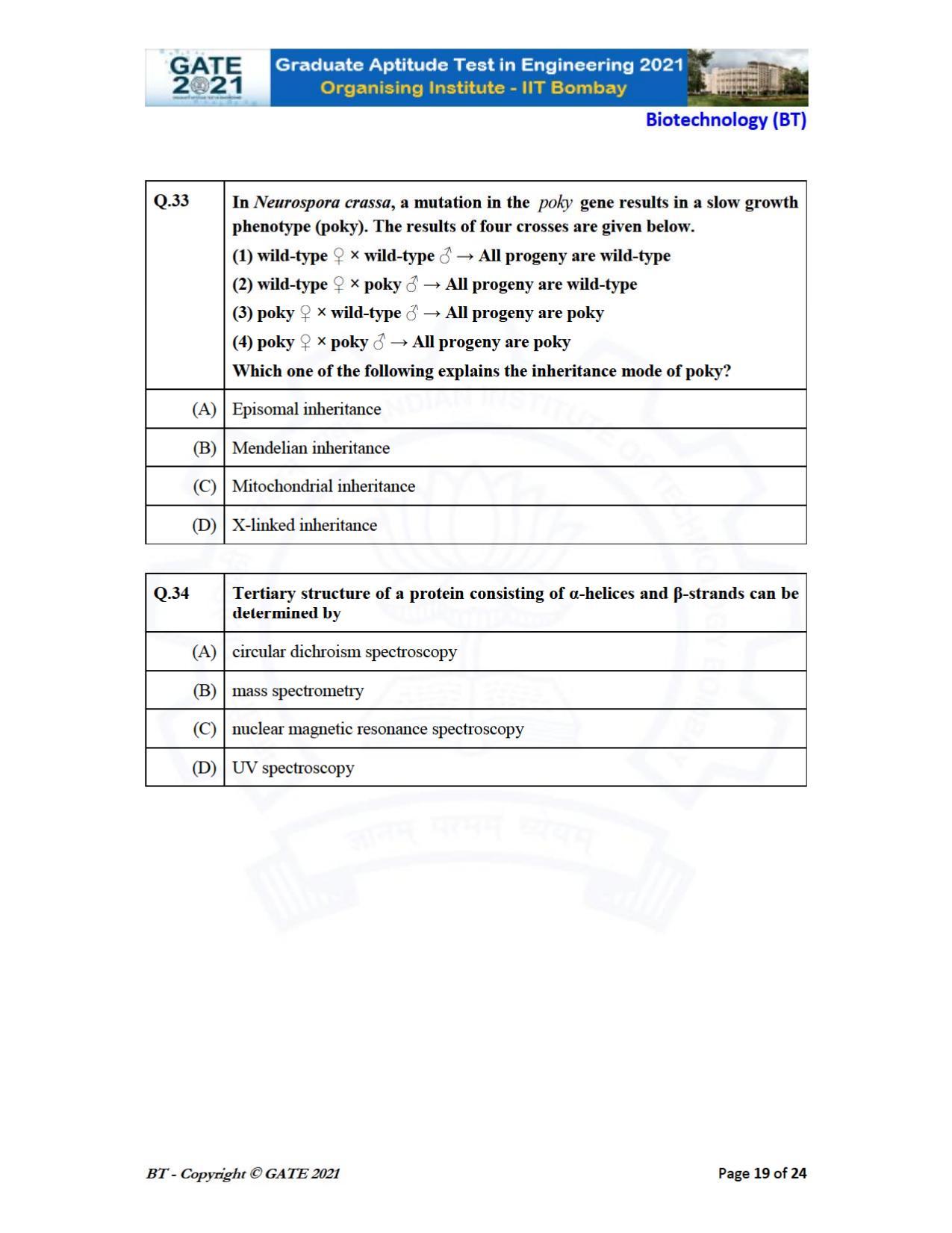 GATE 2021 Biotechnology (BT) Question Paper - Page 19