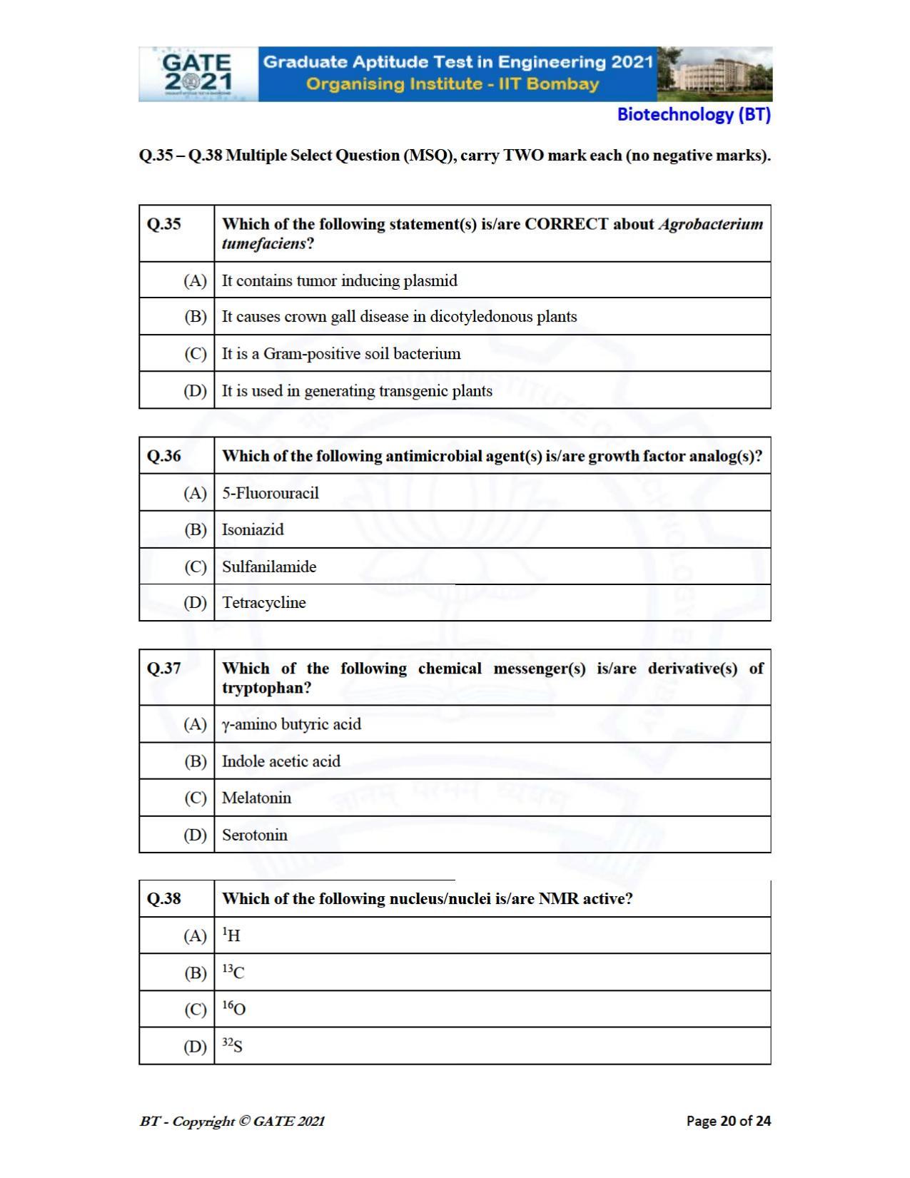 GATE 2021 Biotechnology (BT) Question Paper - Page 20