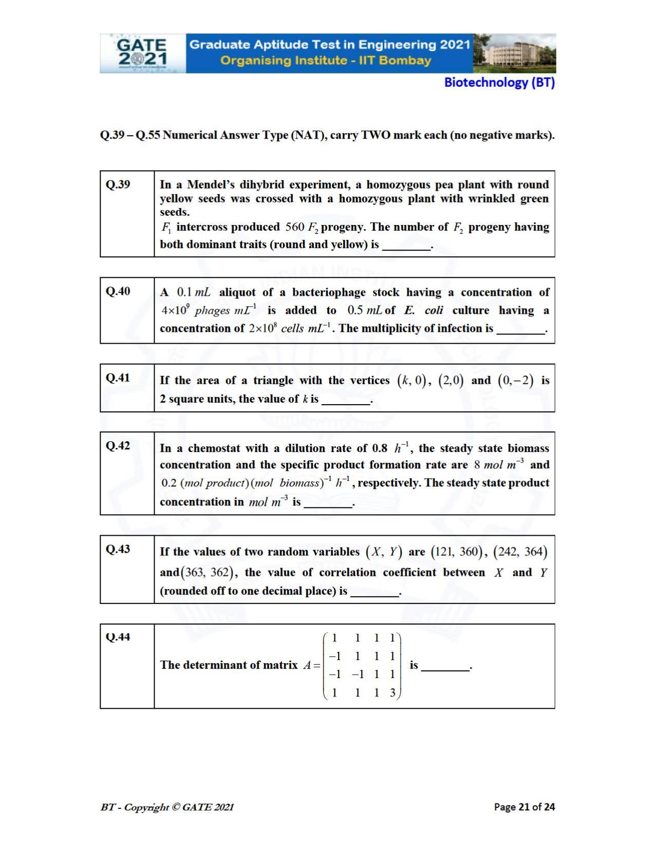 GATE 2021 Biotechnology (BT) Question Paper - Page 21