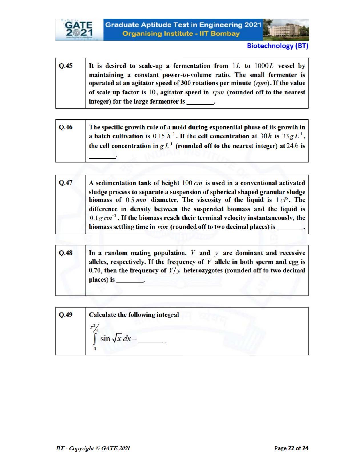 GATE 2021 Biotechnology (BT) Question Paper - Page 22
