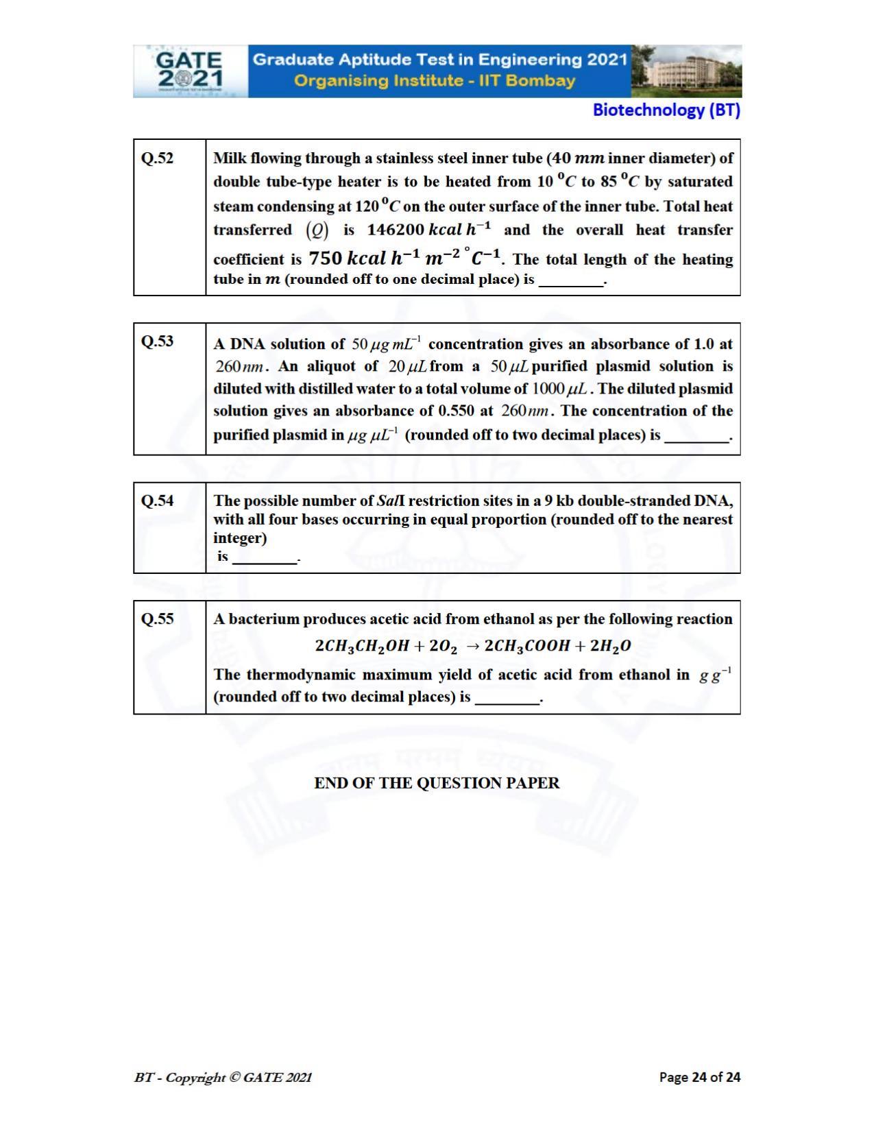 GATE 2021 Biotechnology (BT) Question Paper - Page 24