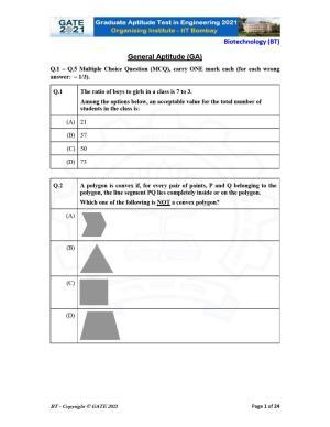 GATE 2021 Biotechnology (BT) Question Paper