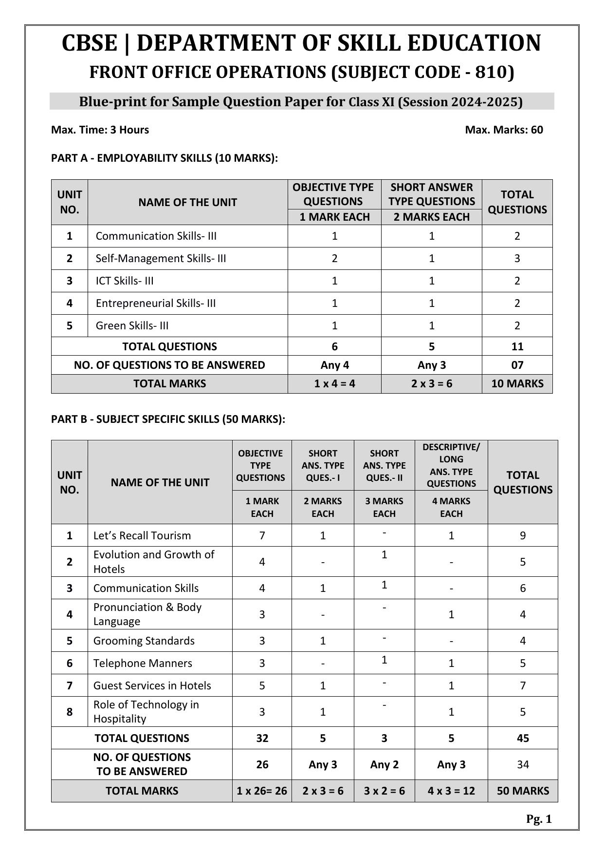 CBSE Class 11: Front Office Operations 2025 Sample Paper - Page 1