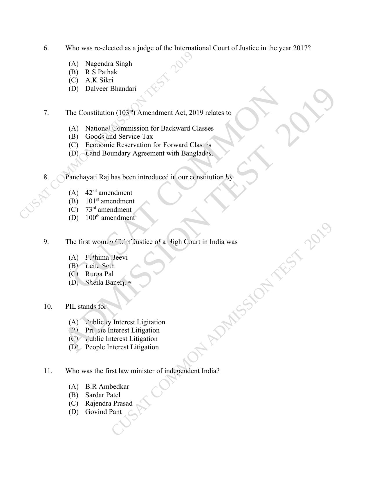 CUSAT CAT 2019 5 Year LLB Question Paper With Answer Key - Page 2