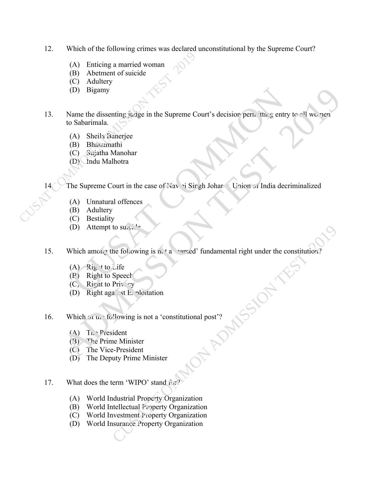 CUSAT CAT 2019 5 Year LLB Question Paper With Answer Key - Page 3