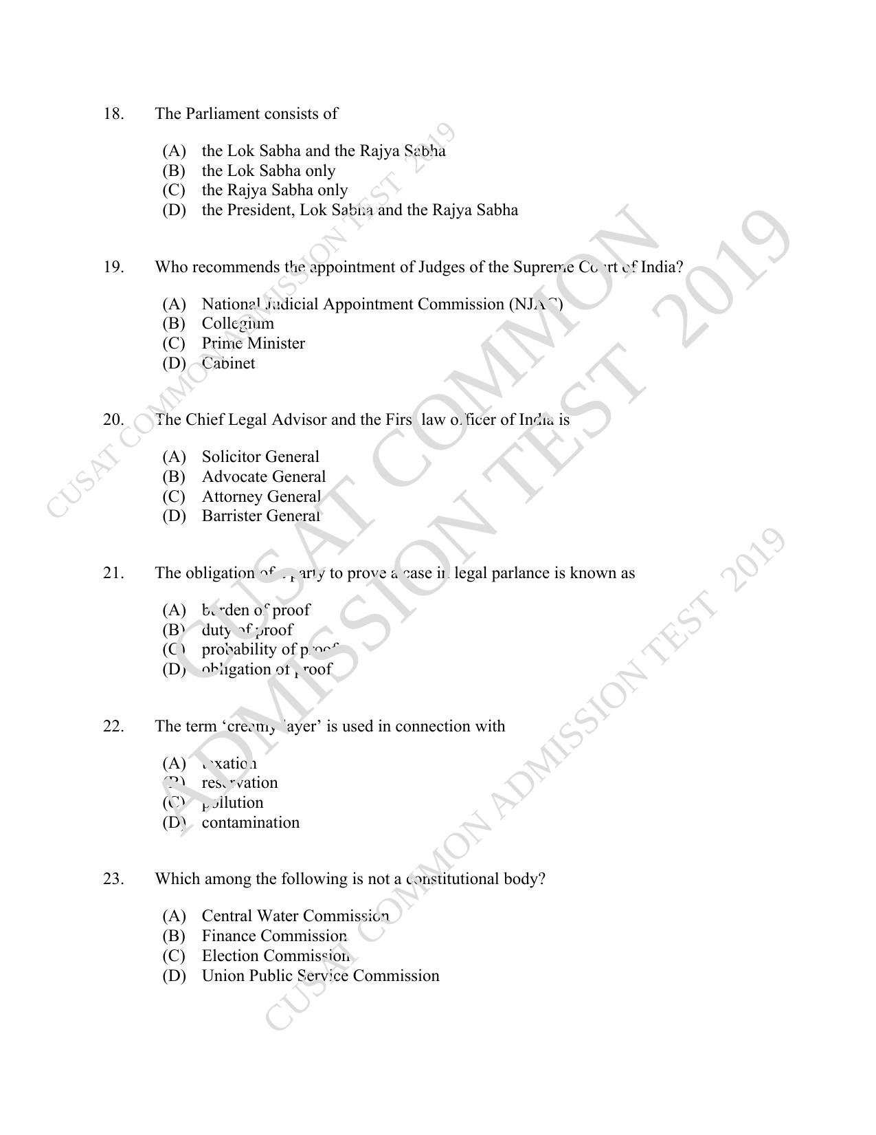 CUSAT CAT 2019 5 Year LLB Question Paper With Answer Key - Page 4