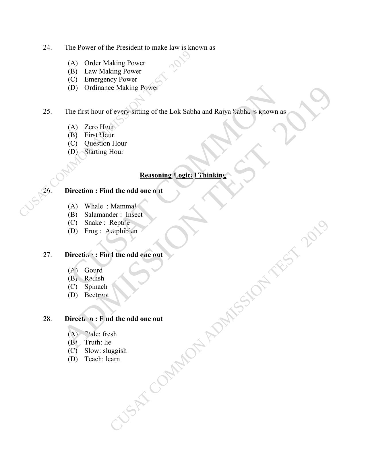 CUSAT CAT 2019 5 Year LLB Question Paper With Answer Key - Page 5