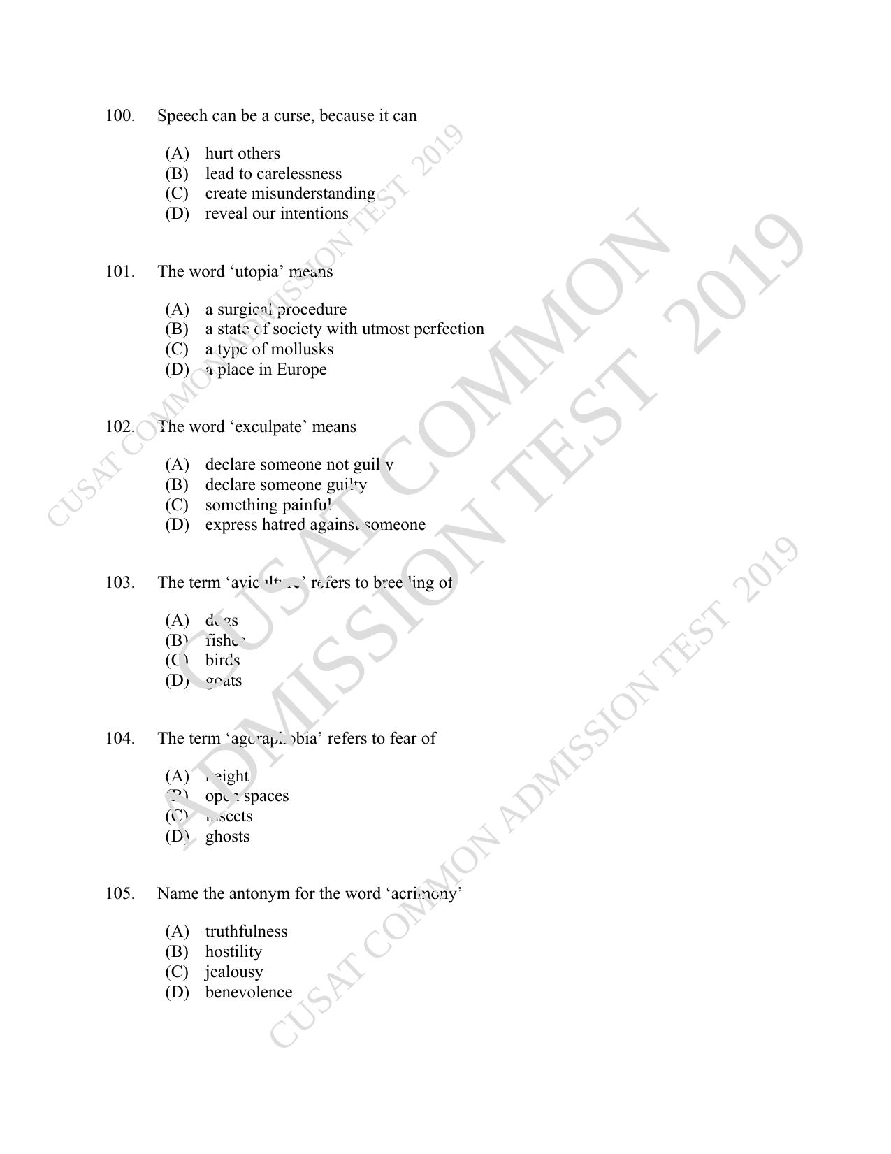 CUSAT CAT 2019 5 Year LLB Question Paper With Answer Key - Page 22