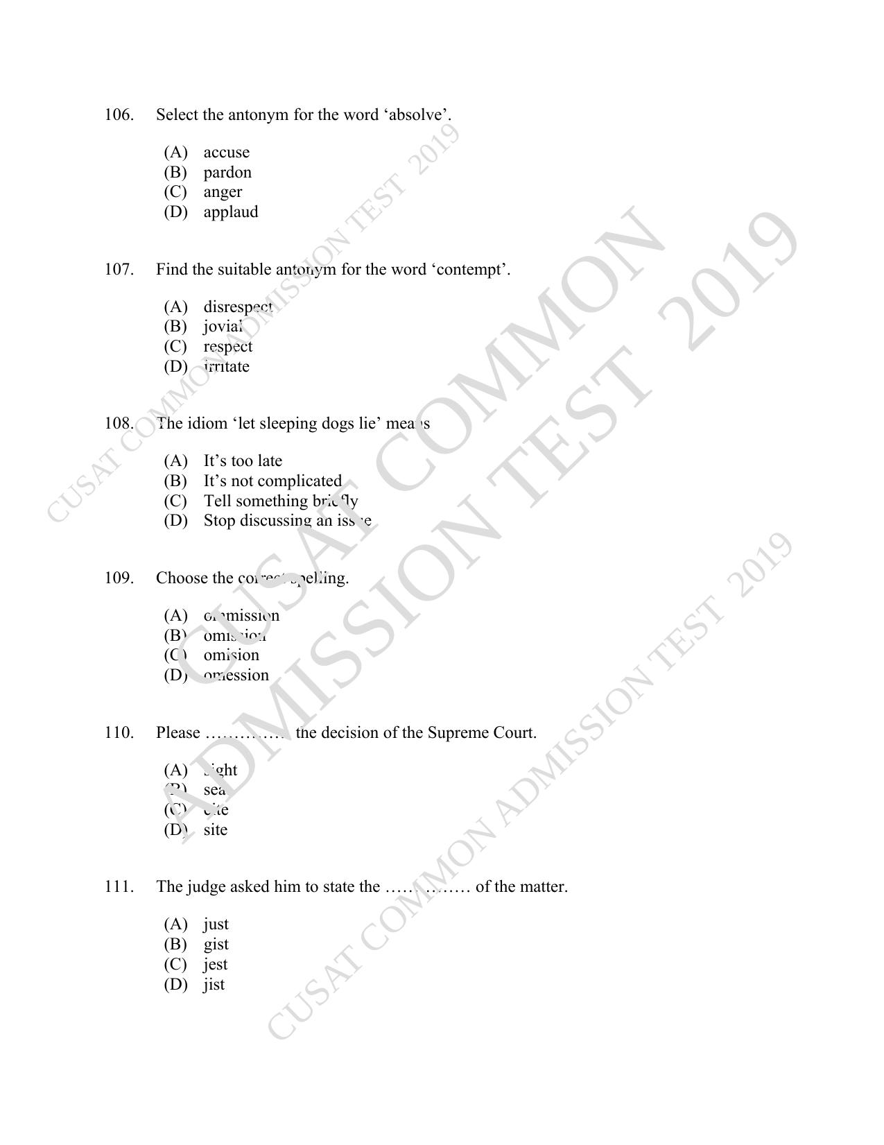 CUSAT CAT 2019 5 Year LLB Question Paper With Answer Key - Page 23