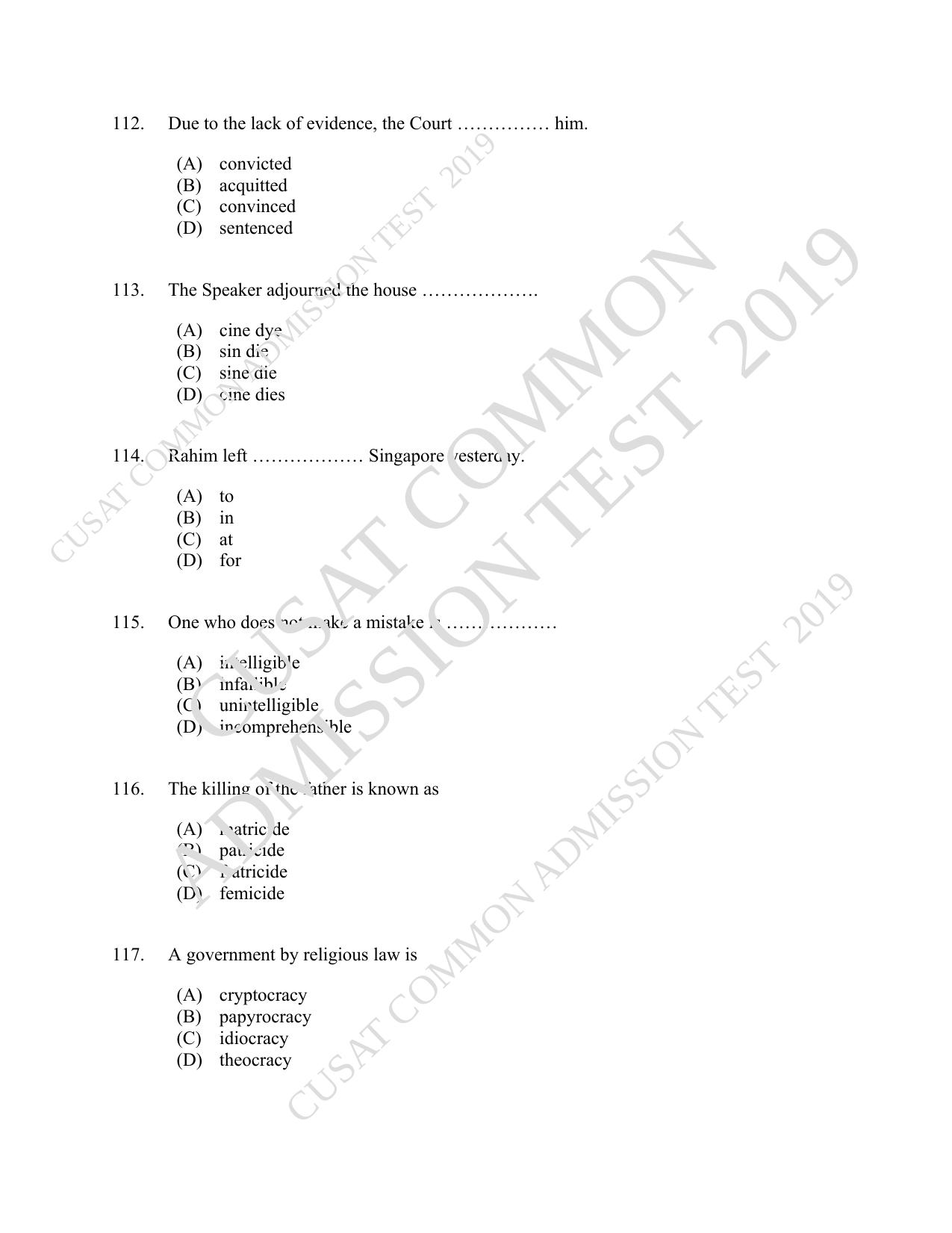 CUSAT CAT 2019 5 Year LLB Question Paper With Answer Key - Page 24