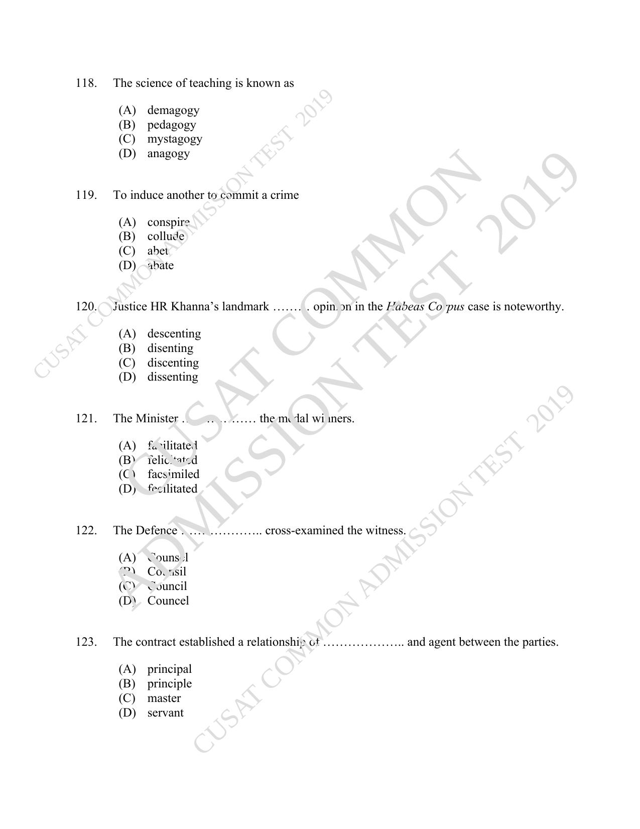 CUSAT CAT 2019 5 Year LLB Question Paper With Answer Key - Page 25