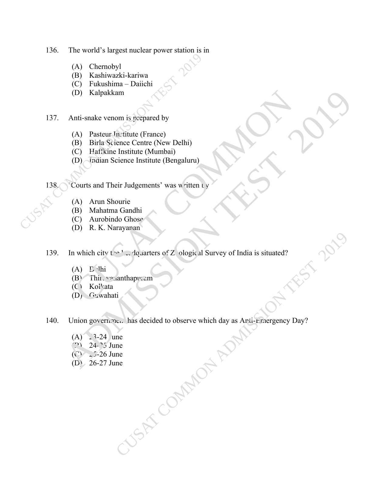 CUSAT CAT 2019 5 Year LLB Question Paper With Answer Key - Page 28