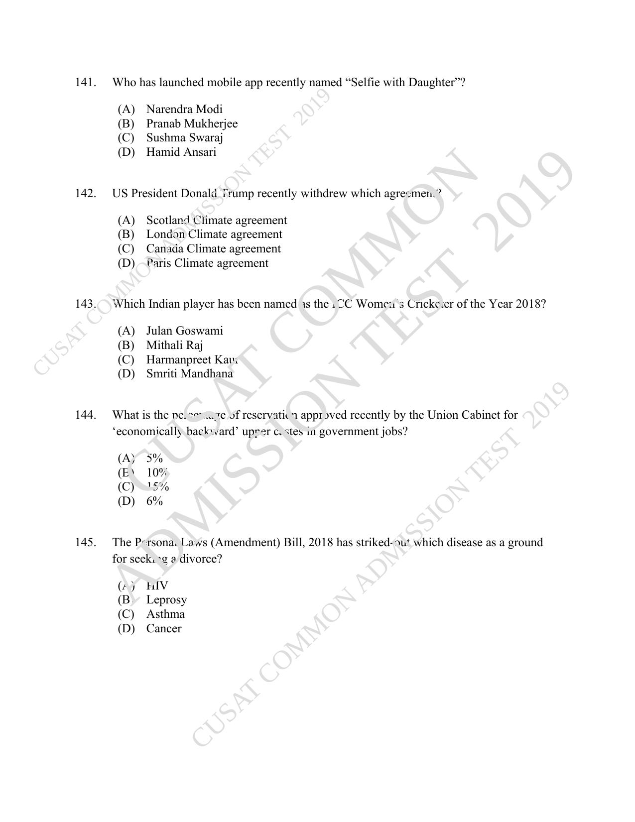 CUSAT CAT 2019 5 Year LLB Question Paper With Answer Key - Page 29