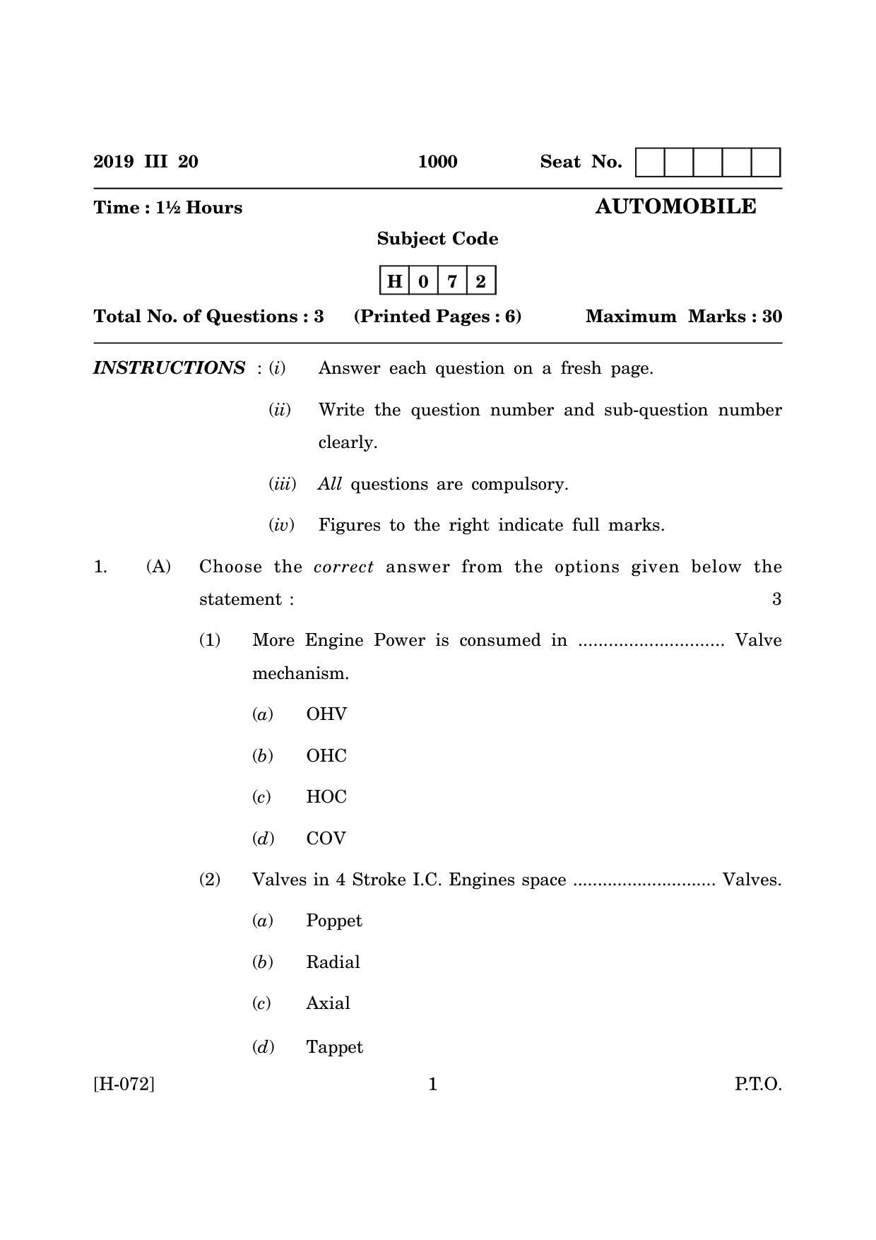 Goa Board Class 12 Automobile (March 2019_0) Question Paper - Page 1