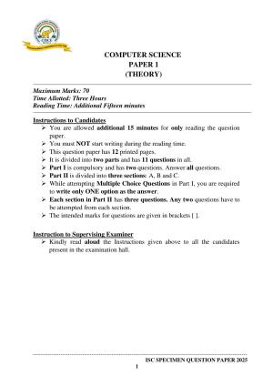 ISC Class 12 2025 COMPUTER SCIENCE PAPER 1 (SQP & AK) Specimen Paper
