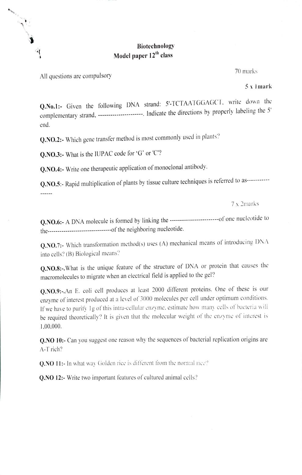 JKBOSE Class 12 Biotechnology Model Question Paper - Page 1