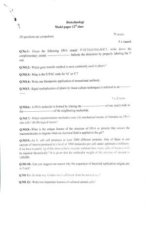 JKBOSE Class 12 Biotechnology Model Question Paper