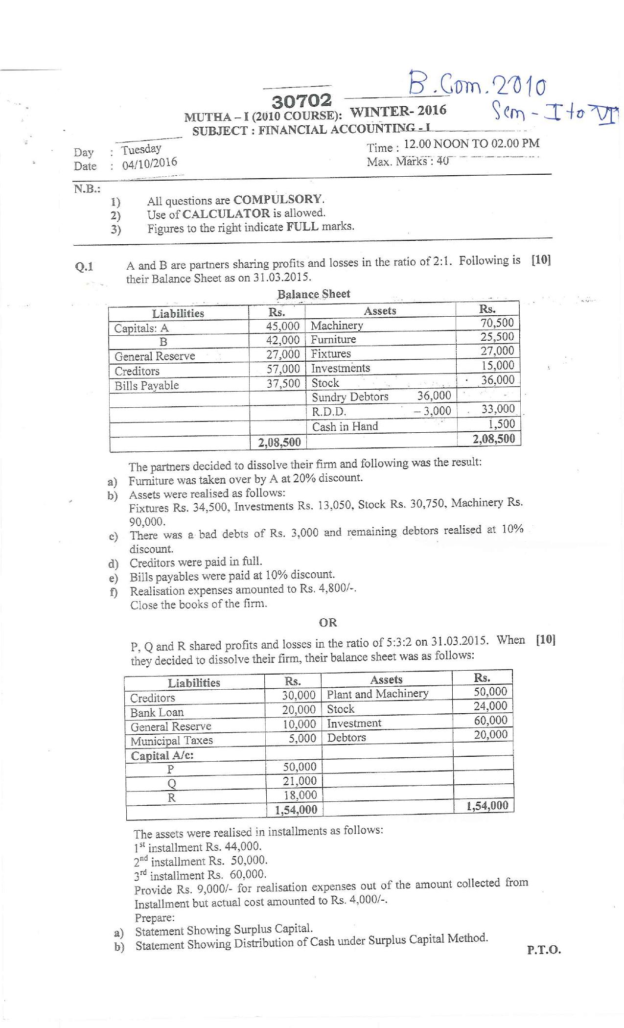 Bharati Vidyapeeth B.COM. 2010 COURSE (SEM – I TO VI) Question Paper - Page 1
