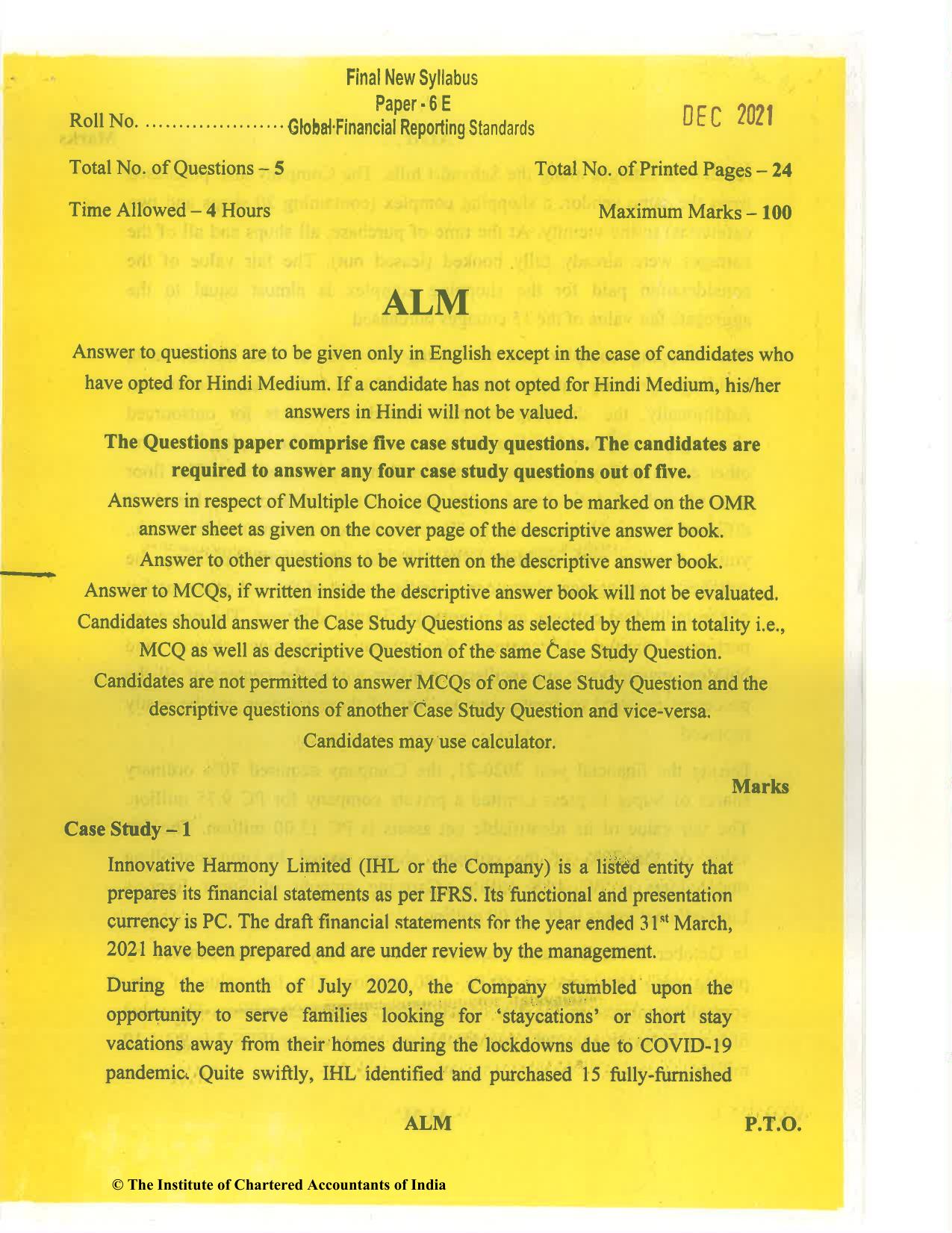 CA Final Dec 2021 Question Paper - Paper 6E – Global Financial Reporting Standards - Page 1