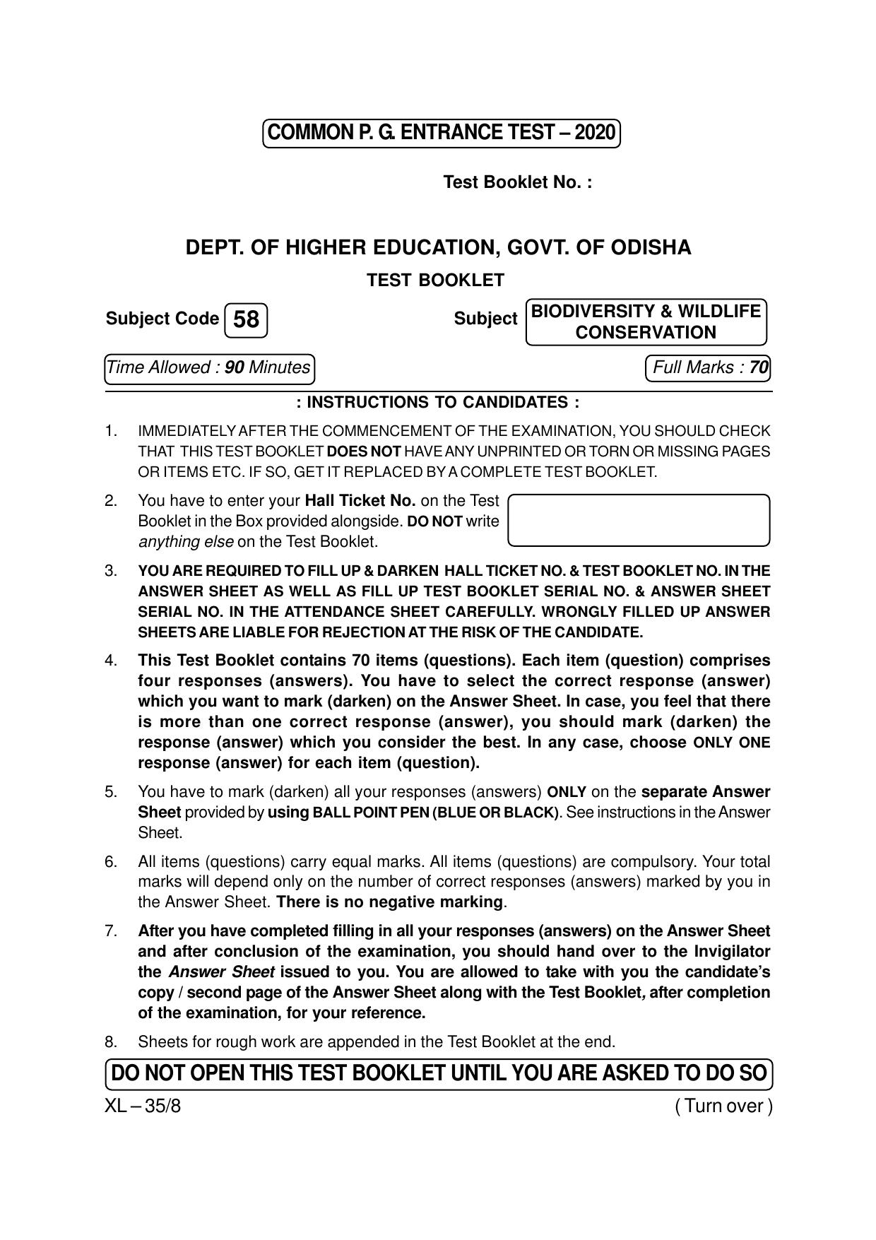 Odisha CPET BIODIVERSITY WILDLIFE CONSERVATION 2020 Question Paper - Page 1