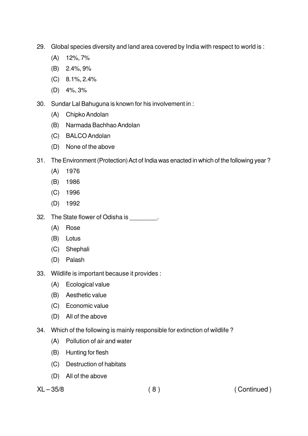 Odisha CPET BIODIVERSITY WILDLIFE CONSERVATION 2020 Question Paper - Page 8