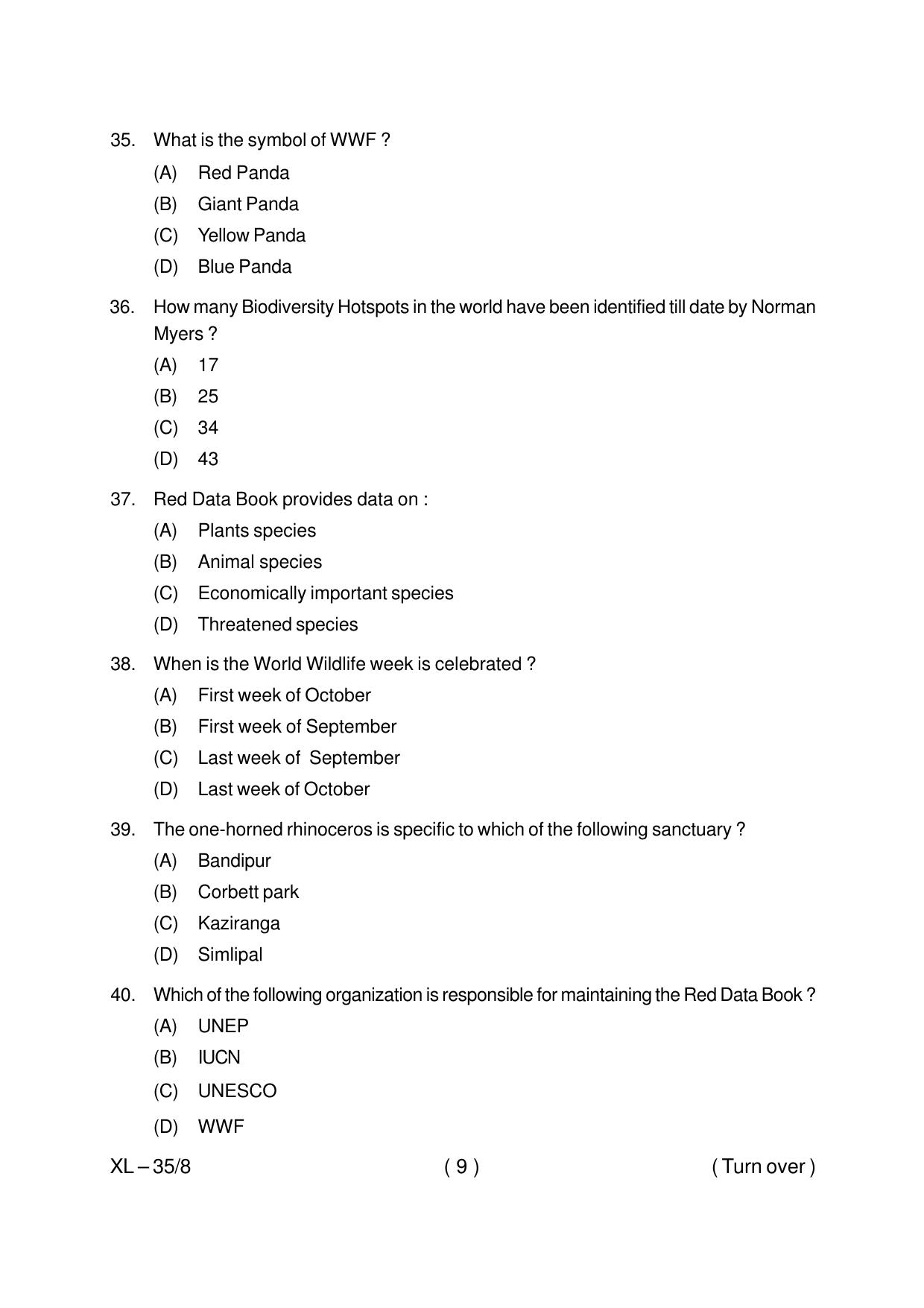 Odisha CPET BIODIVERSITY WILDLIFE CONSERVATION 2020 Question Paper - Page 9