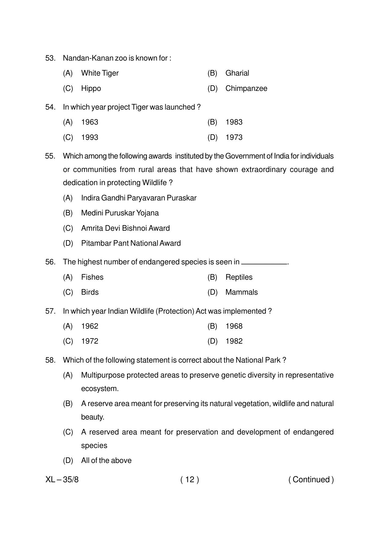 Odisha CPET BIODIVERSITY WILDLIFE CONSERVATION 2020 Question Paper - Page 12