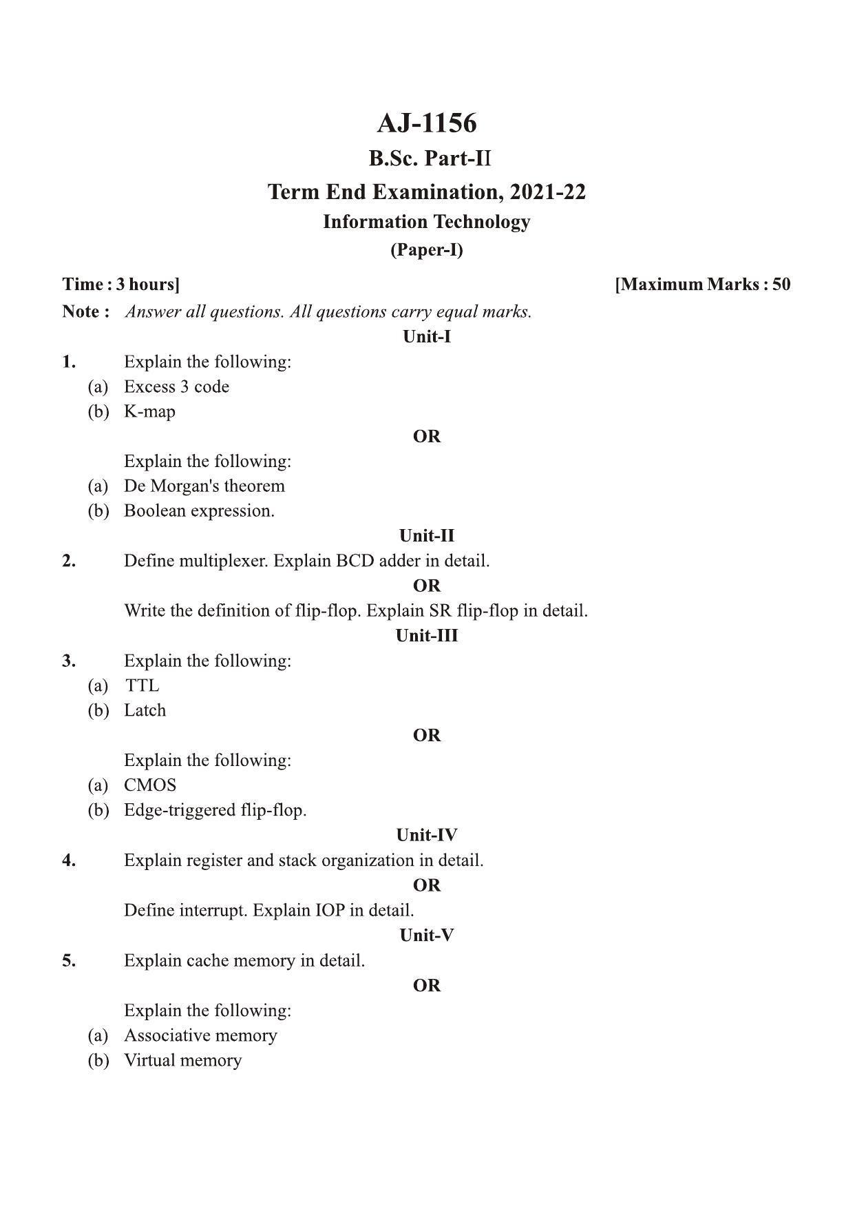 Bilaspur University Question Paper 2021-2022:B. Sc. Part-II (Two) Information Technology Paper 1 - Page 1