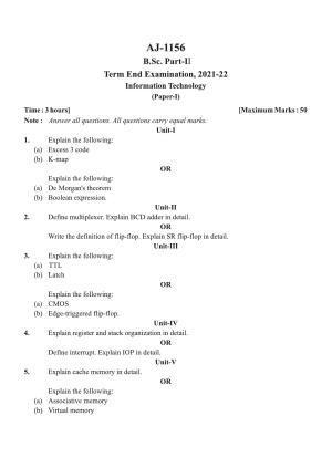 Bilaspur University Question Paper 2021-2022:B. Sc. Part-II (Two) Information Technology Paper 1