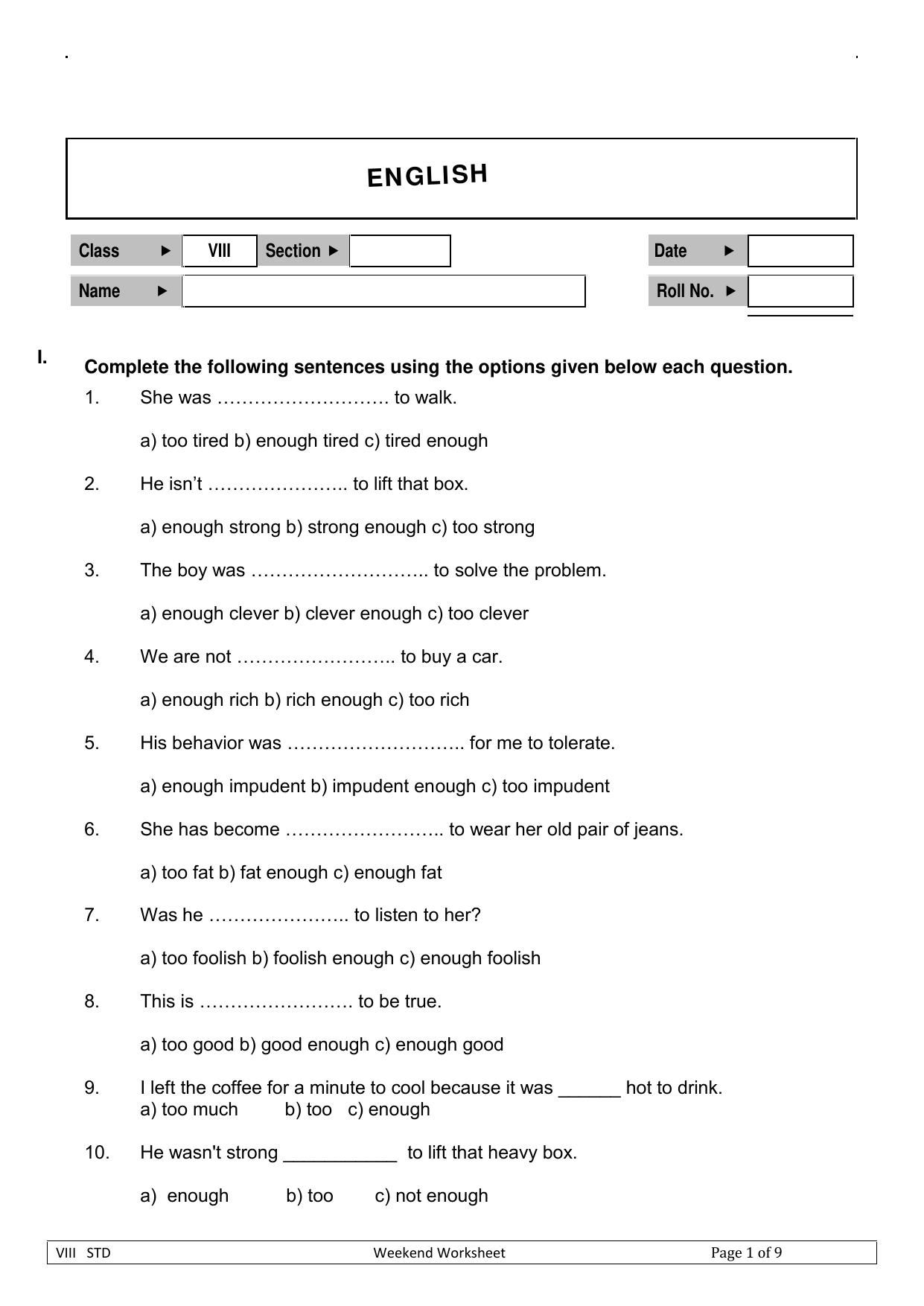 CBSE Class 8 English Worksheet Fill Blanks Assignment - Page 1