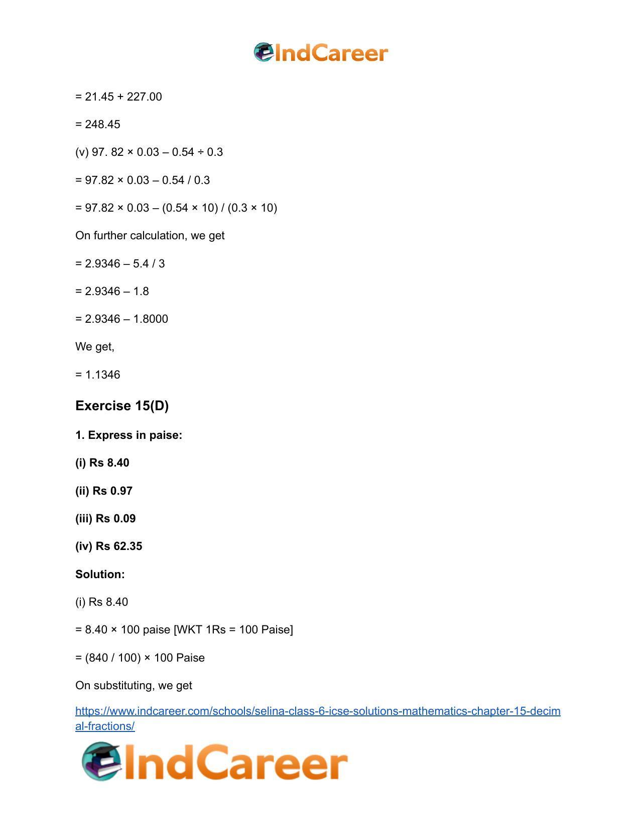 Selina Class 6 ICSE Solutions Mathematics : Chapter 15- Decimal Fractions - Page 41