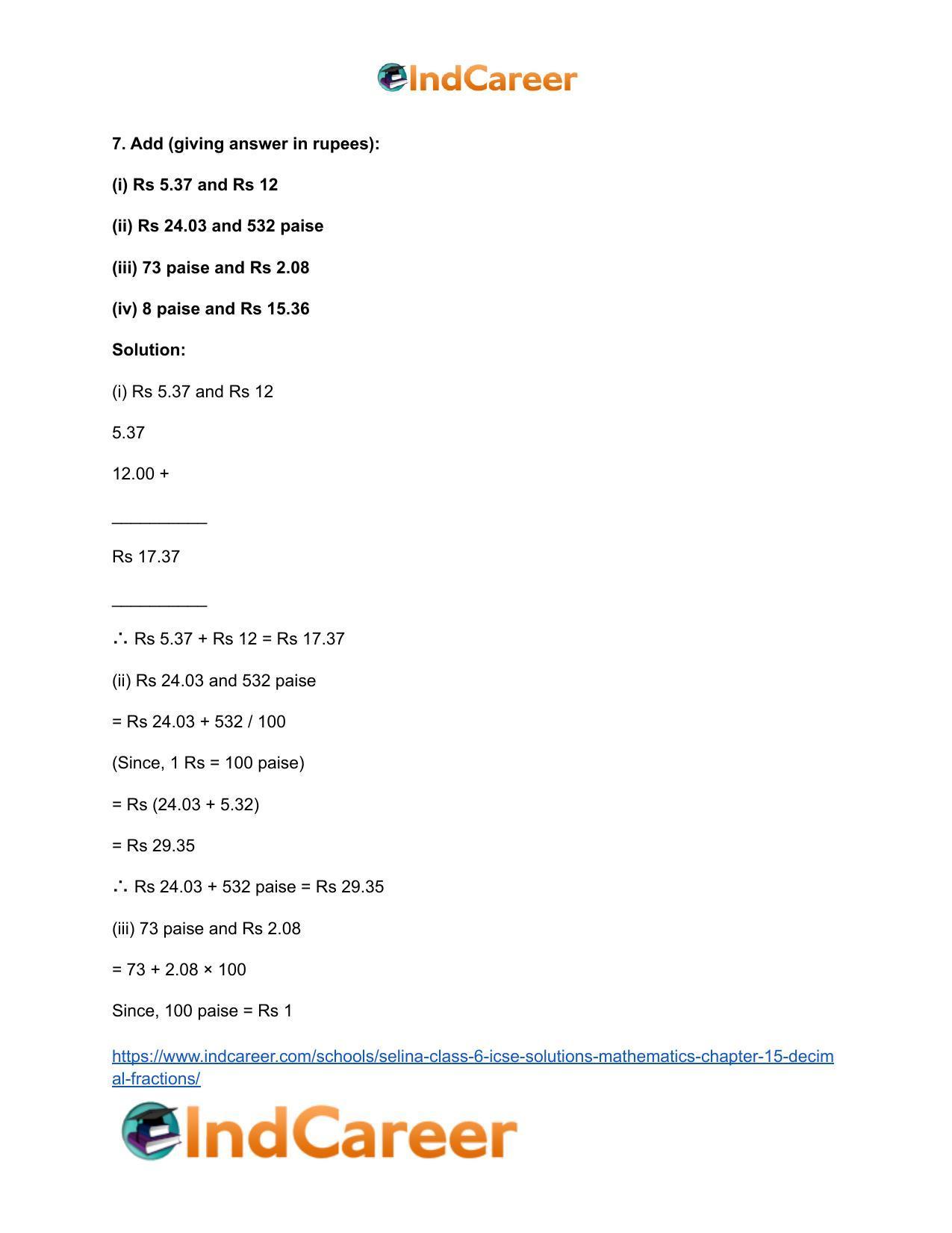 Selina Class 6 ICSE Solutions Mathematics : Chapter 15- Decimal Fractions - Page 51