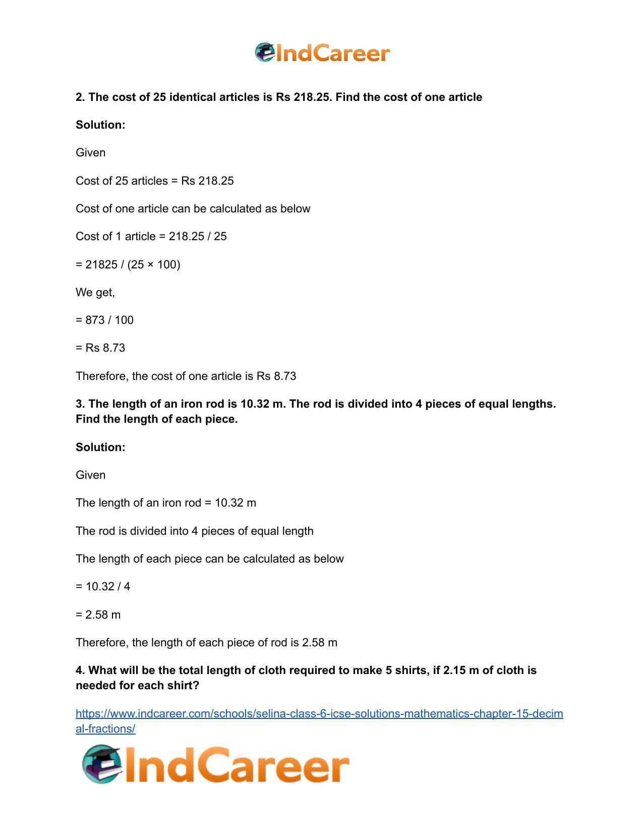 Selina Class 6 ICSE Solutions Mathematics : Chapter 15- Decimal Fractions - Page 59