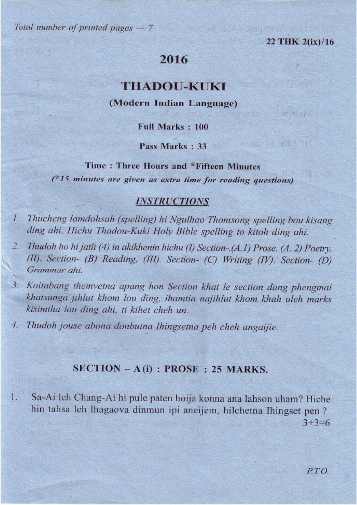 COHSEM Class 12 Thadou Kuki (M.I.L.) 2016 Question Papers - Page 1