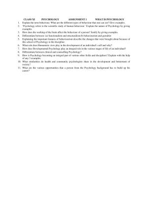 CBSE Worksheets for Class 11 Psychology Assignment 1