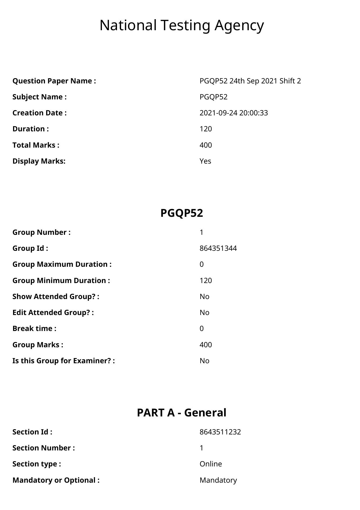 CUET PG 2021 PGQP52 Question Paper - Page 1