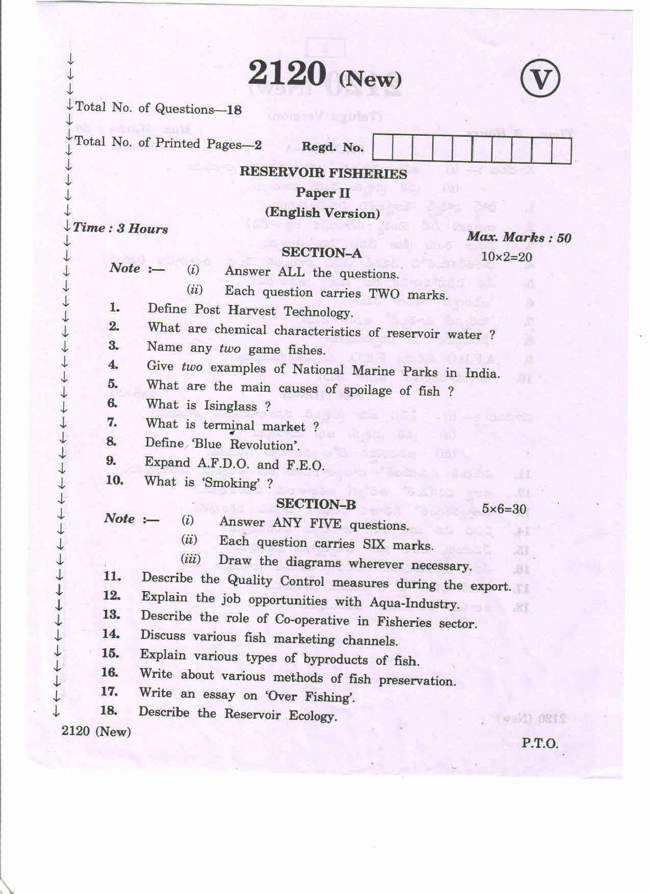 AP Inter 2nd Year Reservoir Fisheries-II (new) March-2020-Vocational Question Paper - Page 1