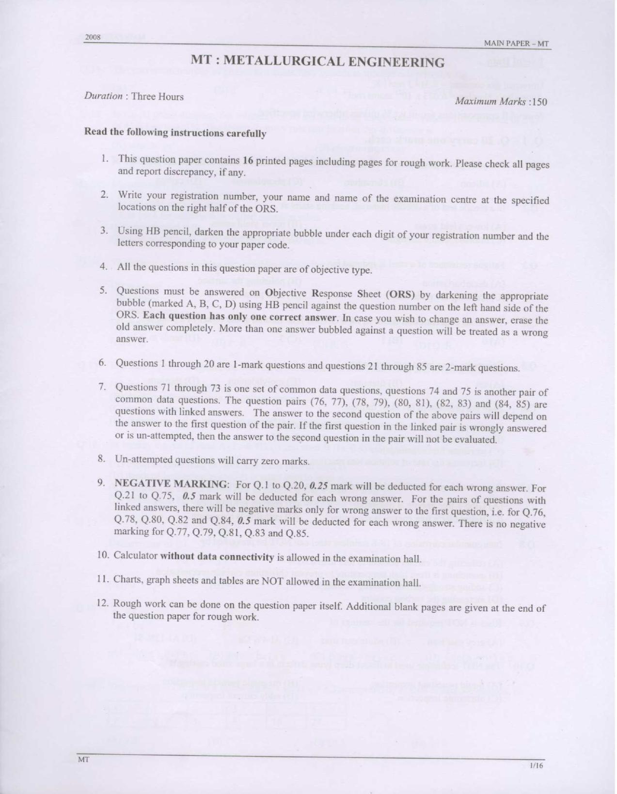 GATE 2008 Metallurgical Engineering (MT) Question Paper with Answer Key - Page 1