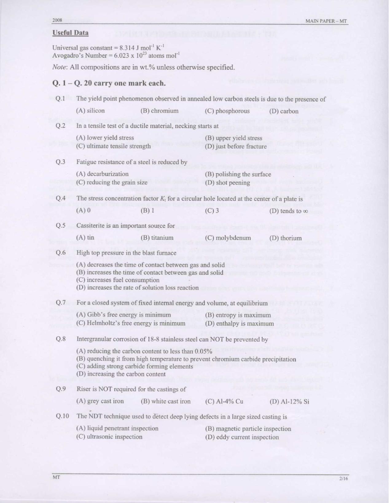 GATE 2008 Metallurgical Engineering (MT) Question Paper with Answer Key - Page 2