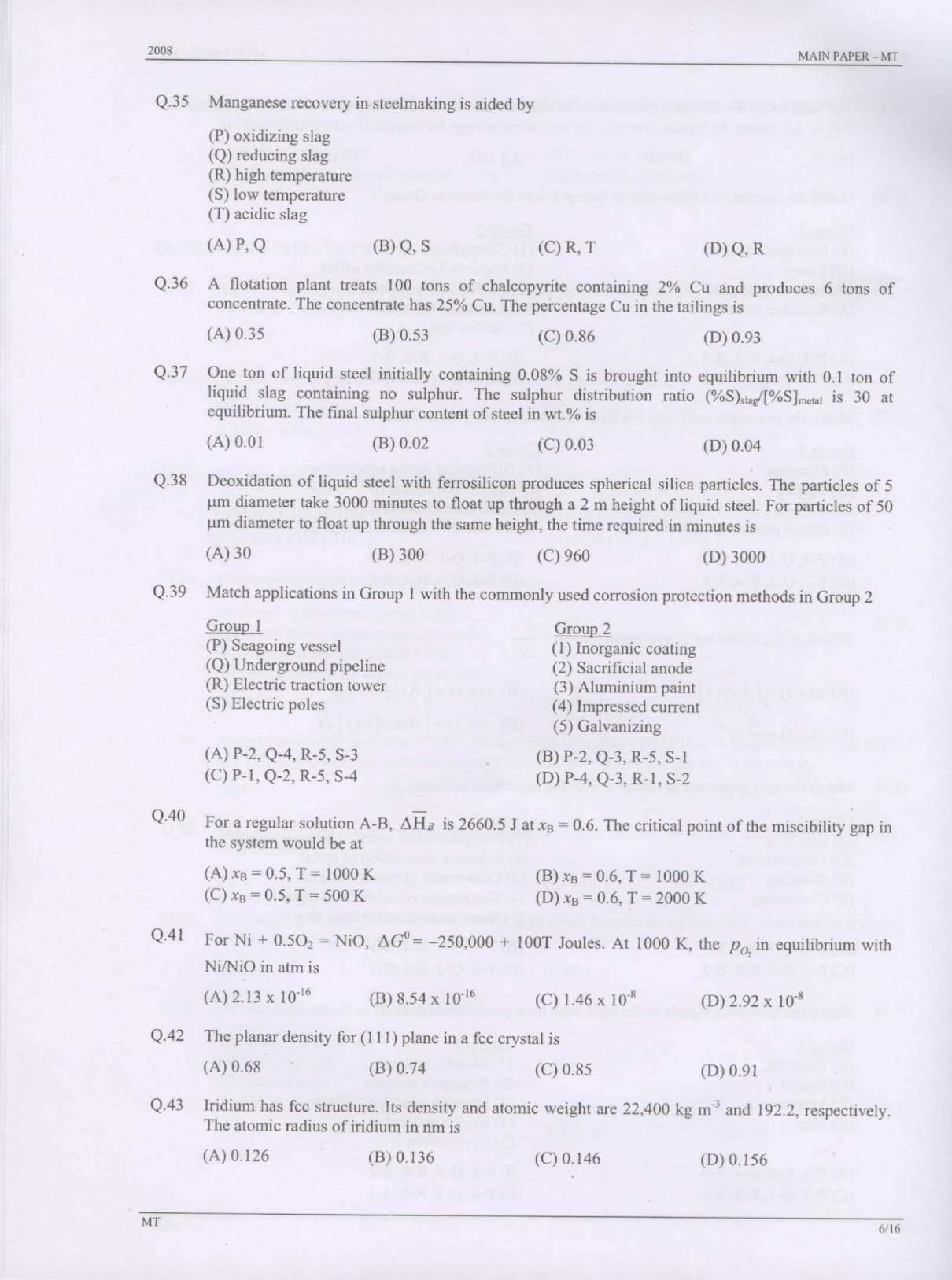 GATE 2008 Metallurgical Engineering (MT) Question Paper with Answer Key - Page 6