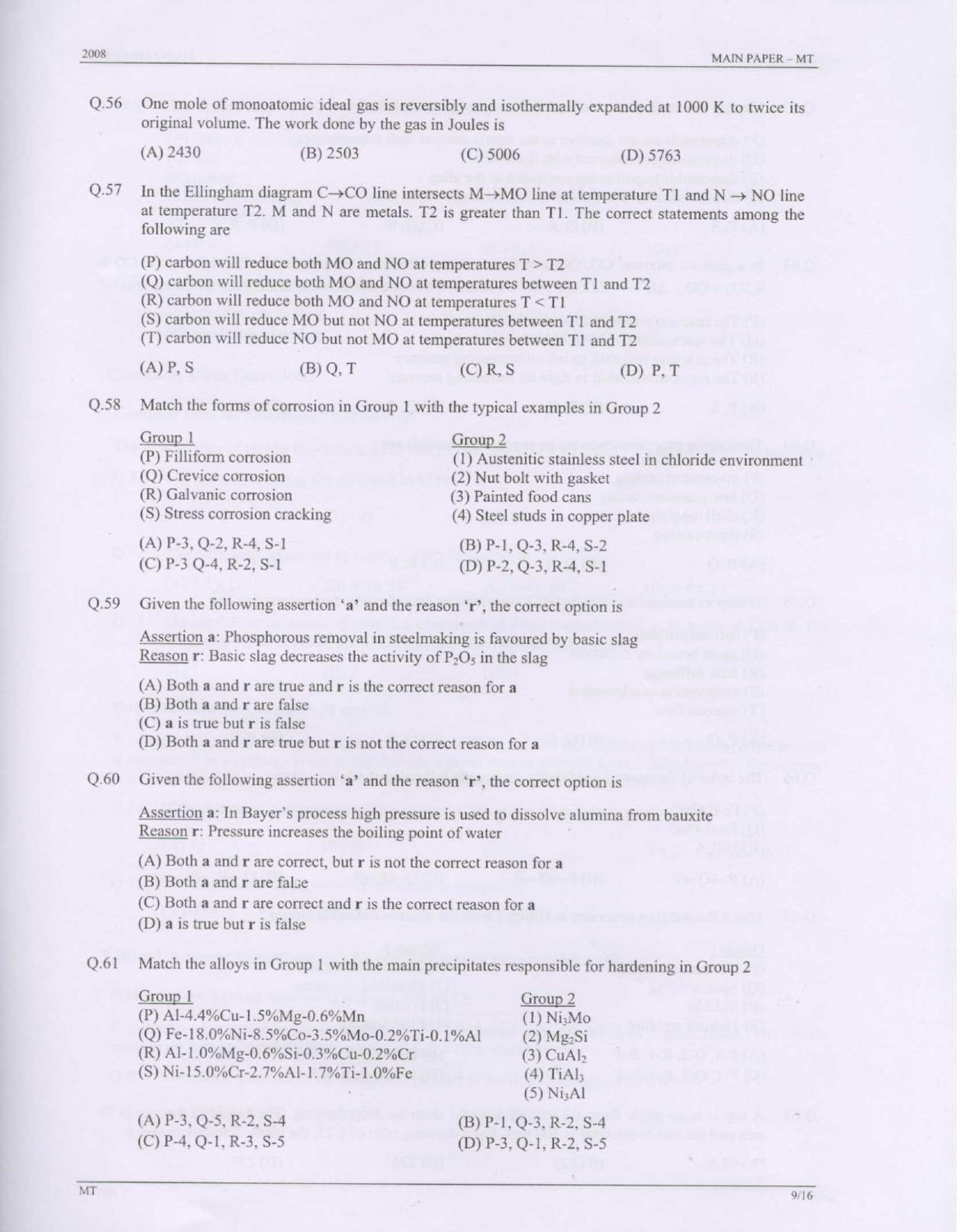 GATE 2008 Metallurgical Engineering (MT) Question Paper with Answer Key - Page 9