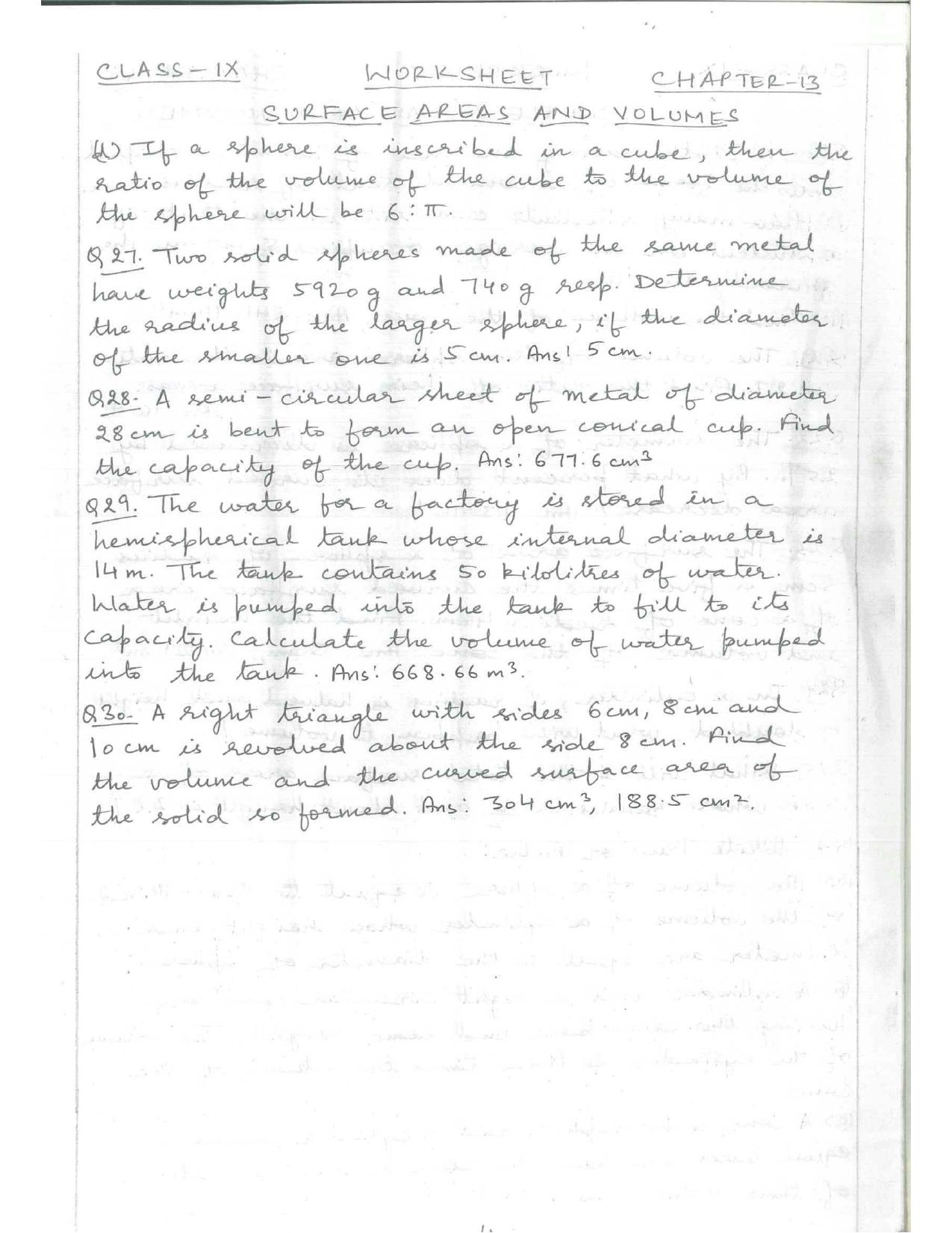 CBSE Worksheets for Class 9 Mathematics Surface areas and volumes Assignment 1 - Page 4