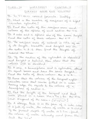 CBSE Worksheets for Class 9 Mathematics Surface areas and volumes Assignment 1