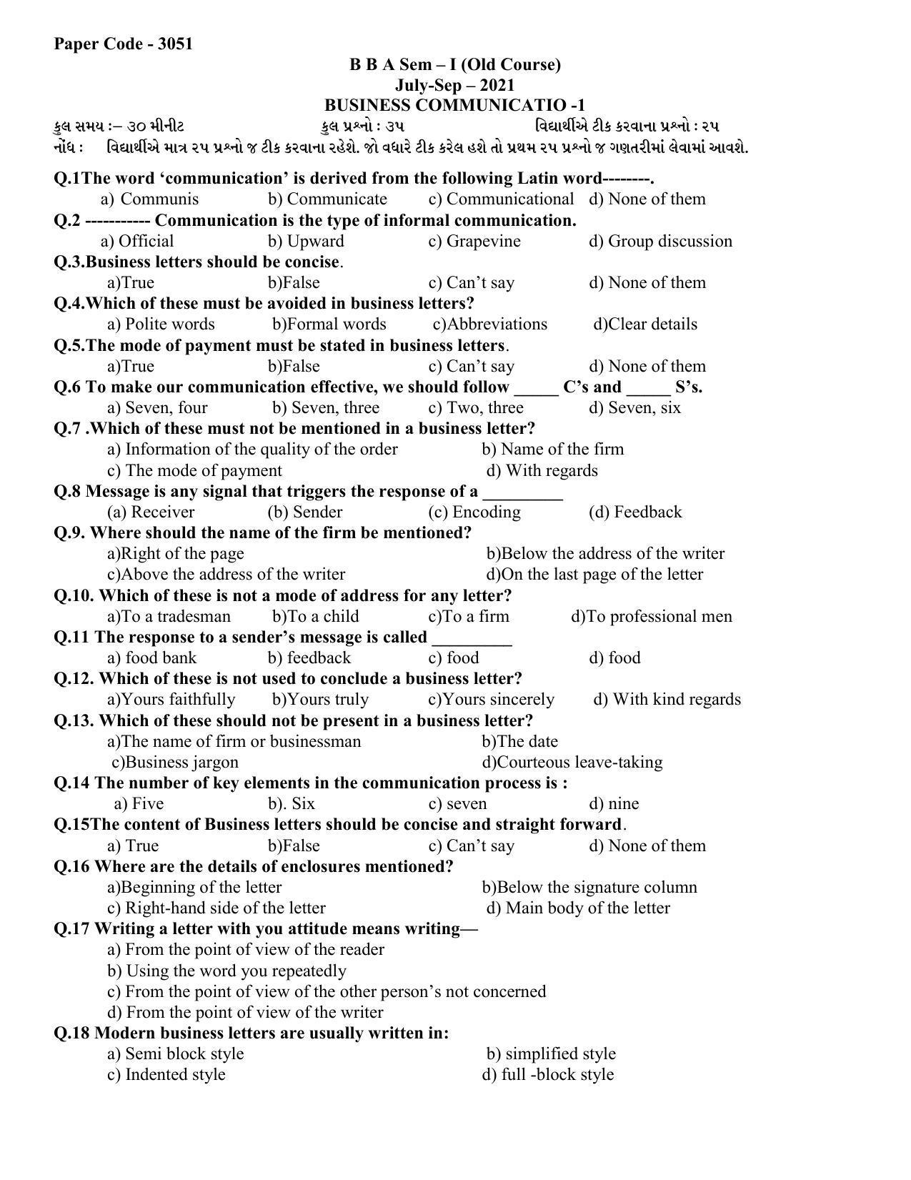 Hemchand North Gujarat University Sample Paper July-Sept 2021: B B A Sem – I B B A Sem – I  Business Communication  - 1 Paper Code - 3051 - Page 1