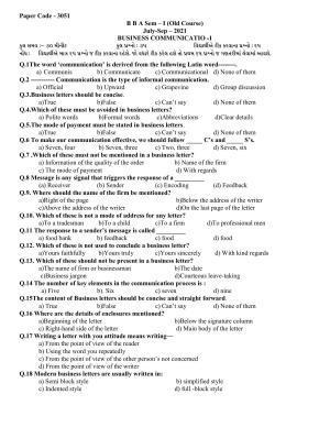 Hemchand North Gujarat University Sample Paper July-Sept 2021: B B A Sem – I B B A Sem – I  Business Communication  - 1 Paper Code - 3051