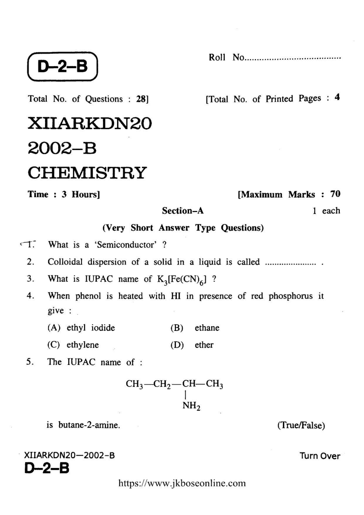 JKBOSE Class 12 Chemistry 2002-B Question Papers 2020 - Page 1