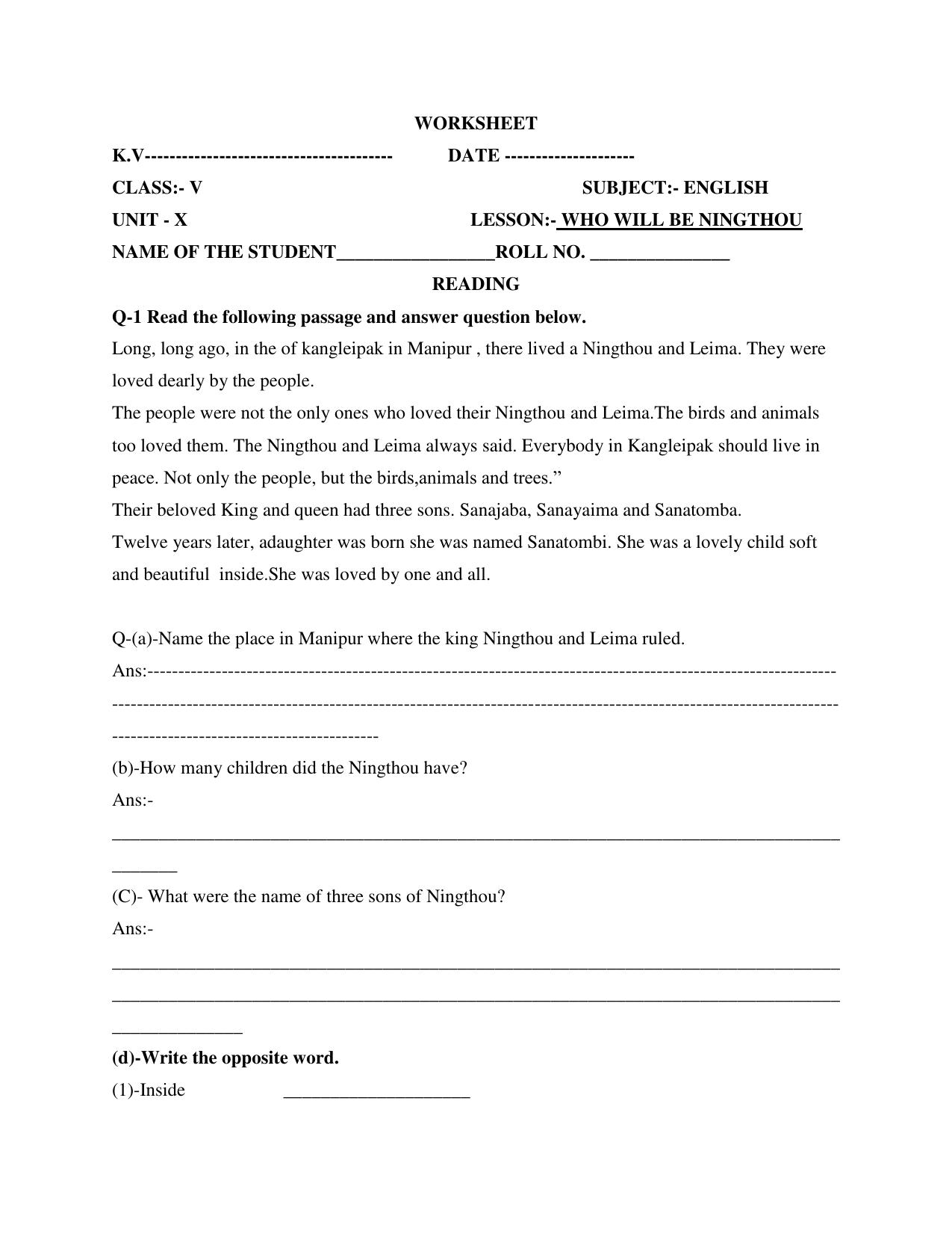 Worksheet for Class 5 English Who Will 0e Ningthou Assignment 2 - Page 1