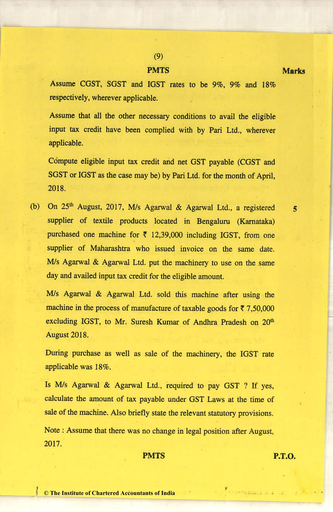 CA Final Nov 2018 Question Paper - Paper 8 – Indirect Tax Laws - Page 9